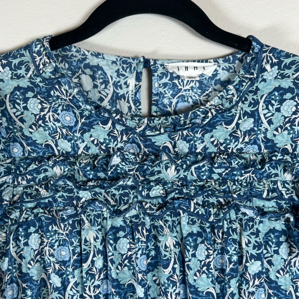 Anthropologie THML Floral Midi Dress Blue White Large Dainty Tiered Ruffle Boho - Picture 3 of 13